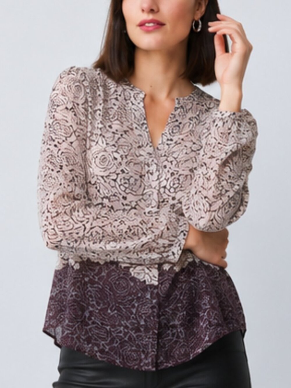 Ann Taylor, Floral Print Split Neck High Low Blouse